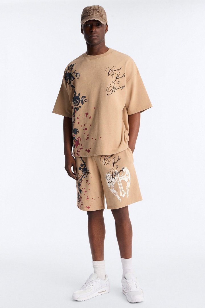 Count Your Blessings Embroidered Oversized French Terry Tee - Tan