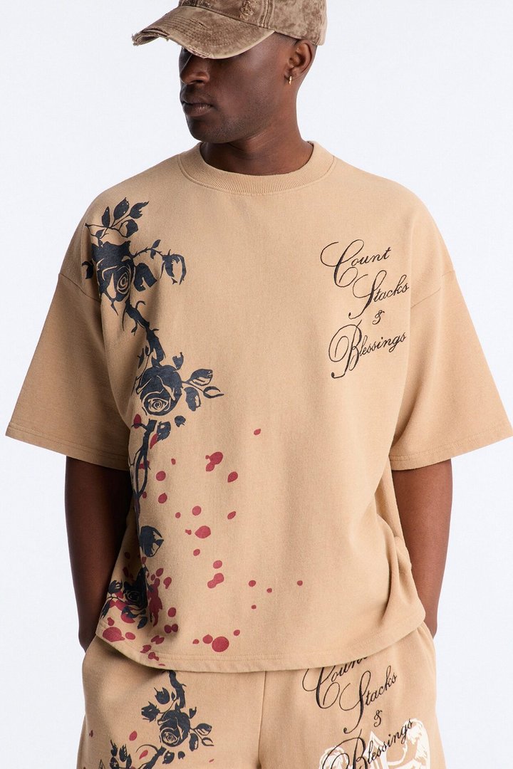 Count Your Blessings Embroidered Oversized French Terry Tee - Tan