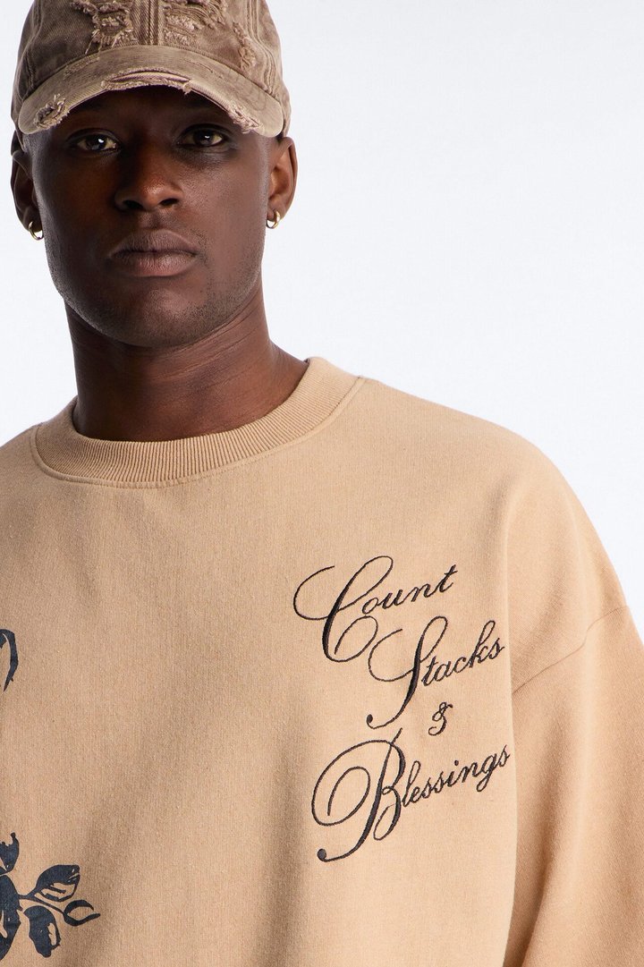Count Your Blessings Embroidered Oversized French Terry Tee - Tan