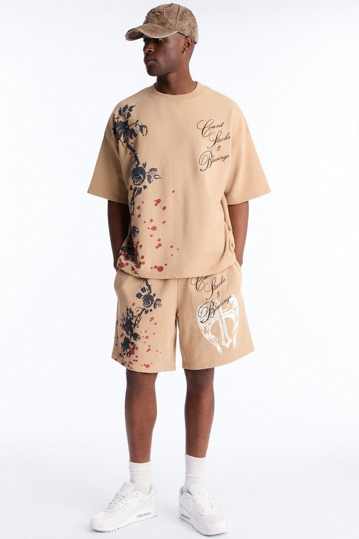 Count Your Blessings Embroidered Relaxed Sweatshort - Tan