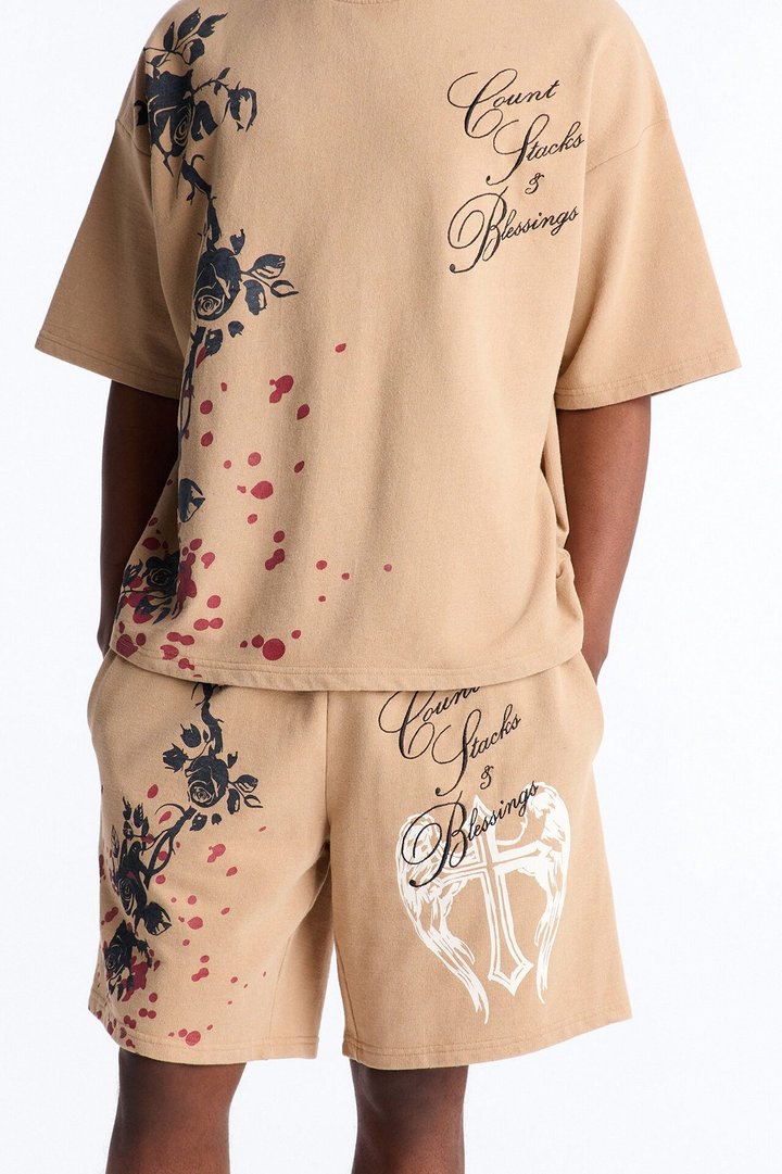 Count Your Blessings Embroidered Relaxed Sweatshort - Tan