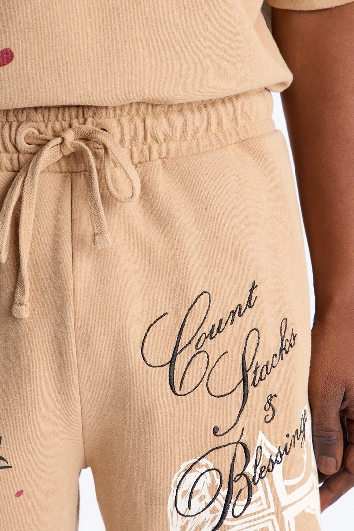 Count Your Blessings Embroidered Relaxed Sweatshort - Tan