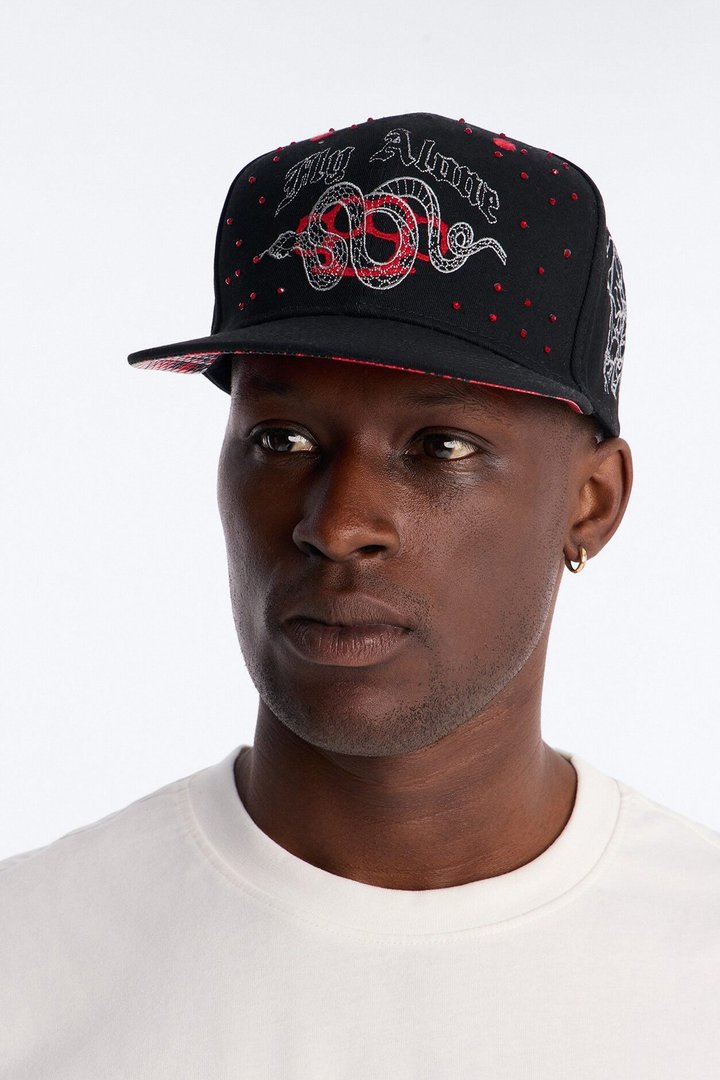 Fly Alone Graphic Embroidered Snapback Hat - Black