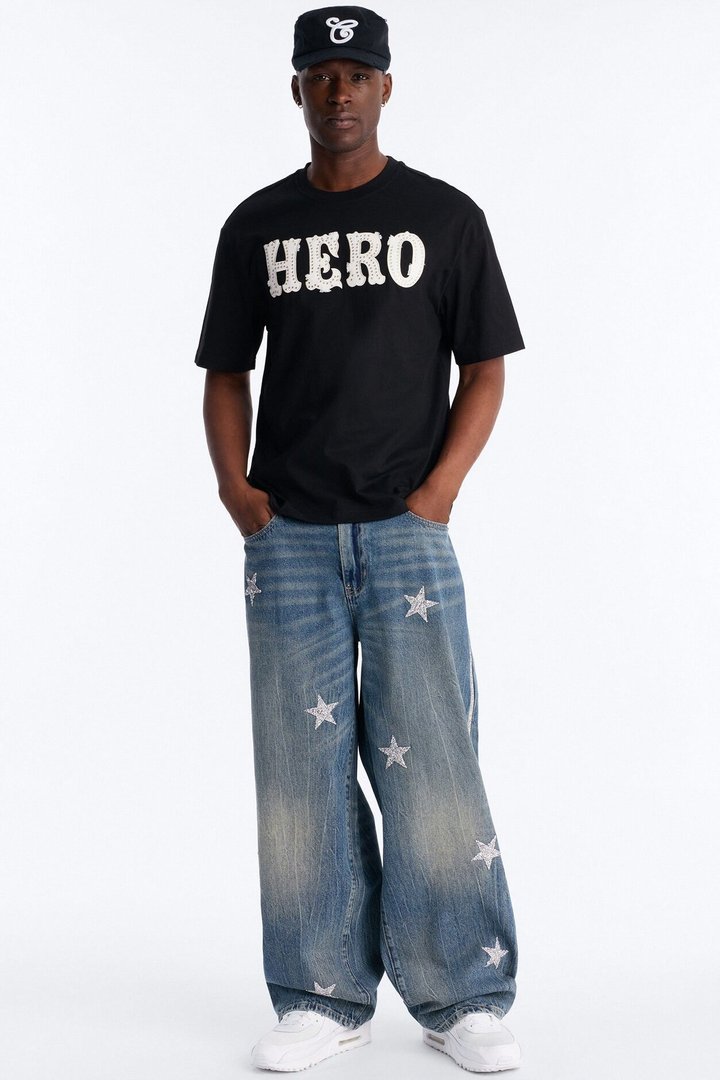 Oversized Hero Rhinestone Patch Short Sleeve Tee - Black