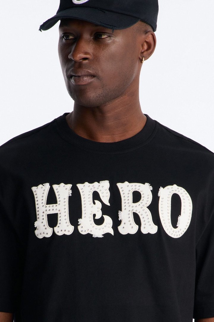 Oversized Hero Rhinestone Patch Short Sleeve Tee - Black