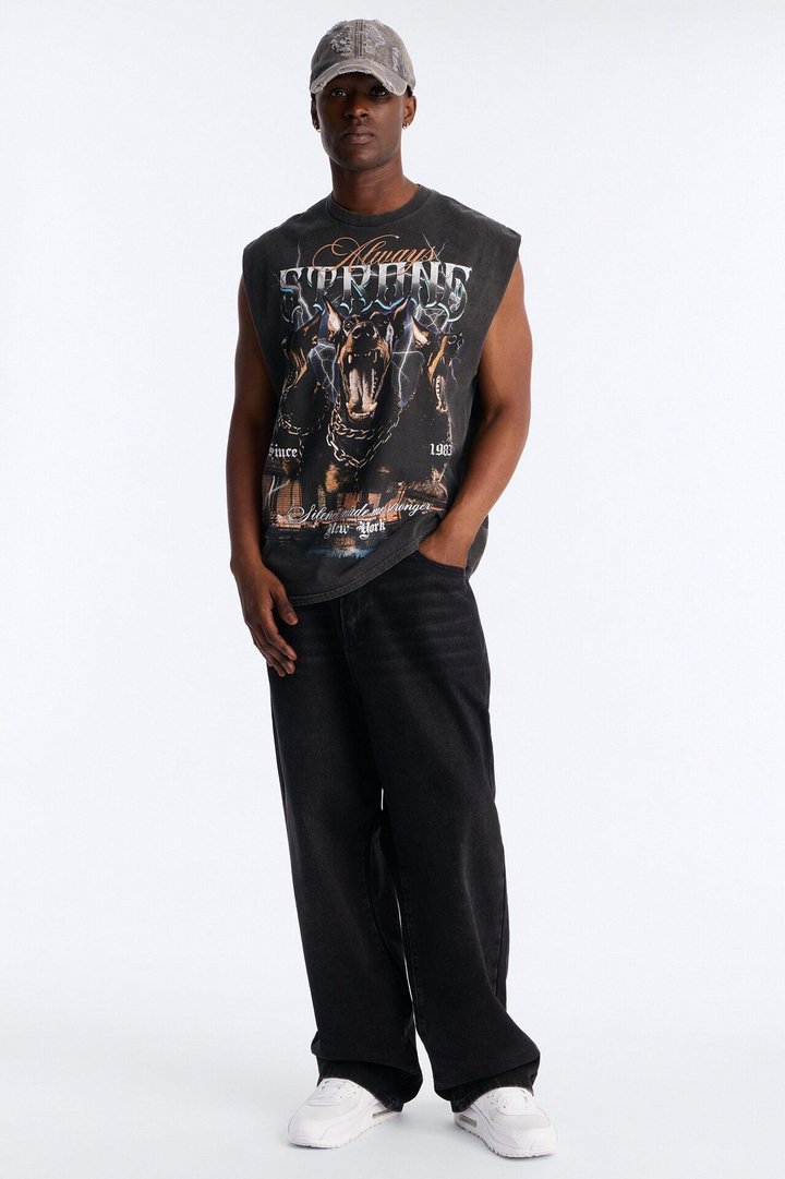NYC Strong Vintage Oversized Muscle Tee - Black Wash
