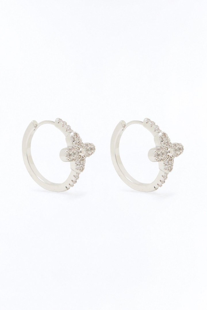 Rhinestone Petal Hoop Earrings - Silver