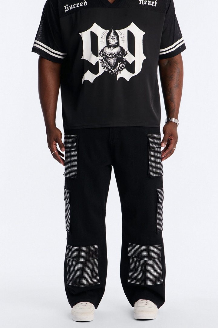 Baggy Rhinestone Combat Cargo Jean - Black Wash