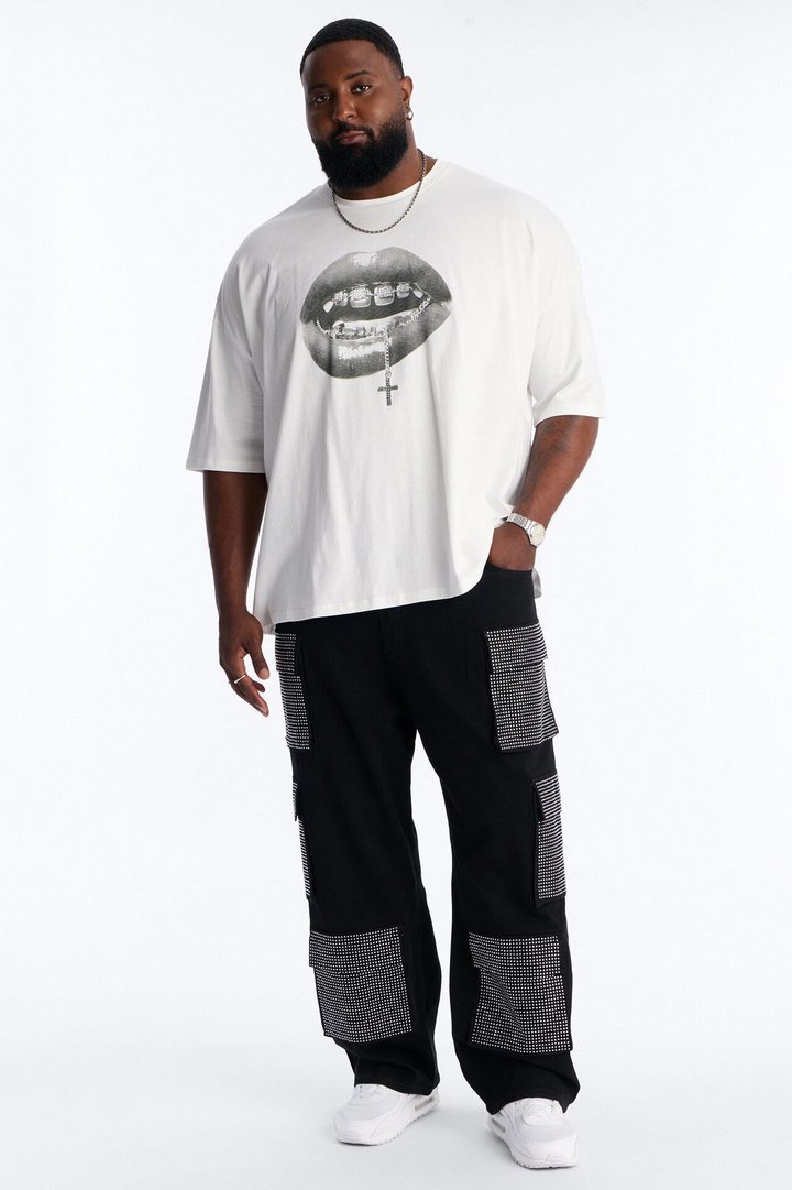 Speak On The Cross Rhinestone Oversized Short Sleeve Tee - White