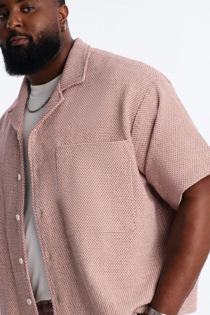Boxy Cropped Garrison Cuban Collar Button Up Shirt - Red/combo
