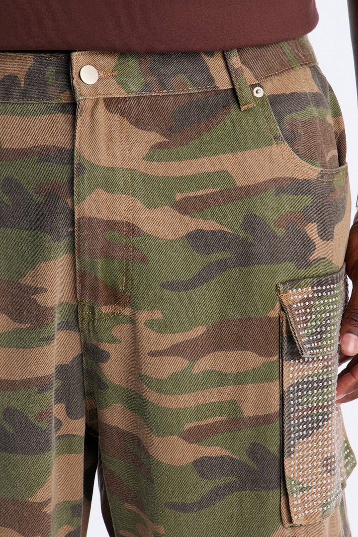 Baggy Rhinestone Combat Cargo Jean - Camouflage