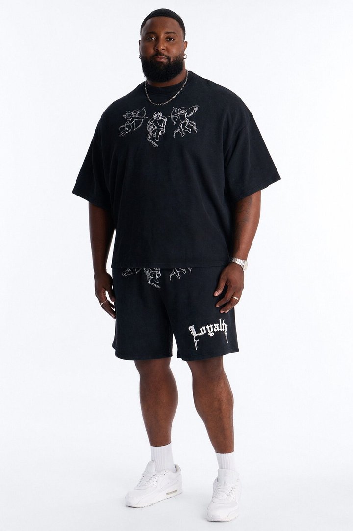 Anti Social Cherub Embroidered Oversized French Terry Tee - Black Wash