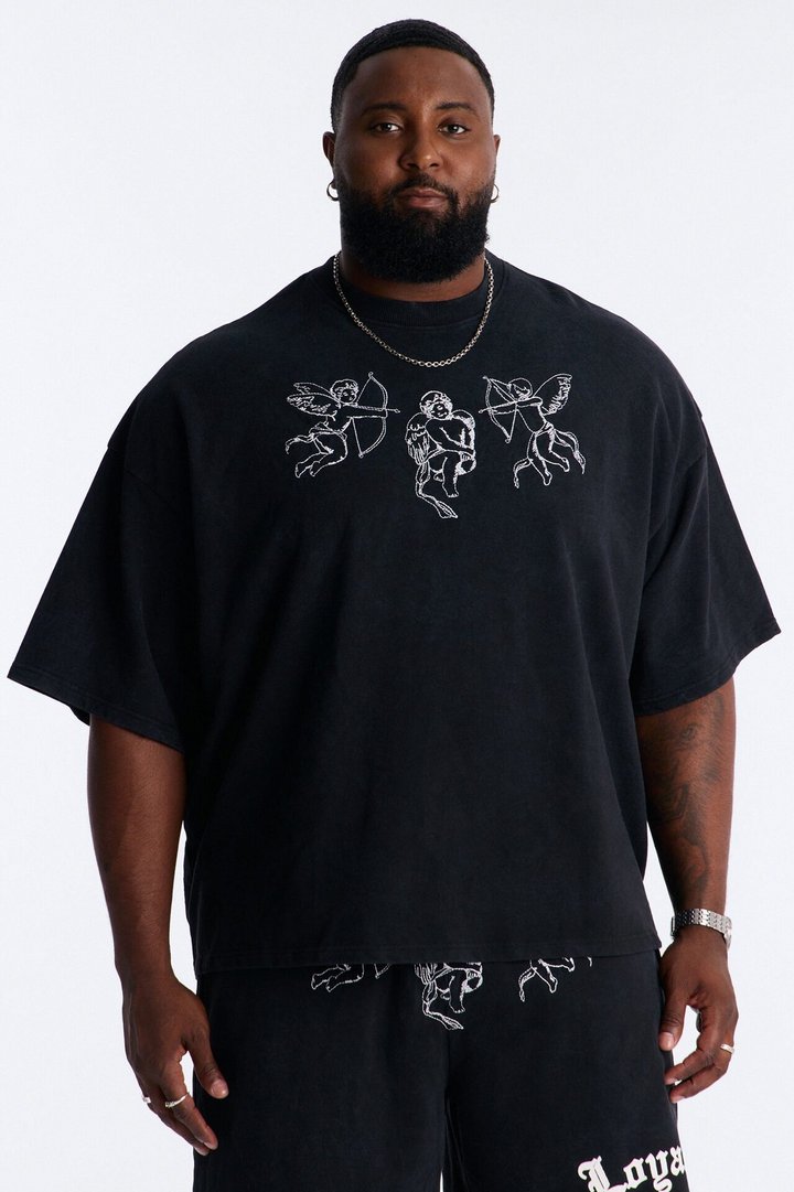 Anti Social Cherub Embroidered Oversized French Terry Tee - Black Wash