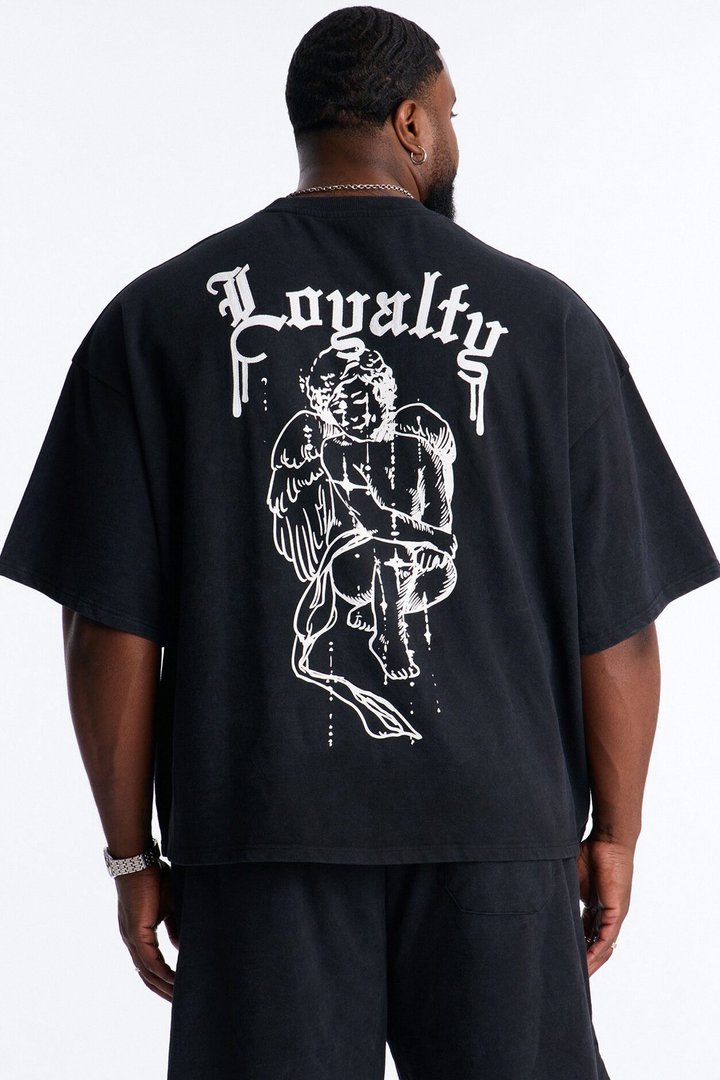 Anti Social Cherub Embroidered Oversized French Terry Tee - Black Wash