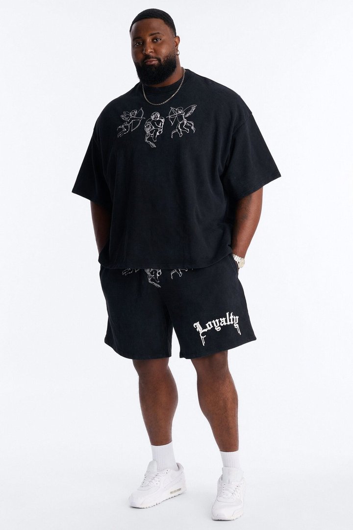 Anti Social Cherub Embroidered Relaxed Sweatshort - Black Wash
