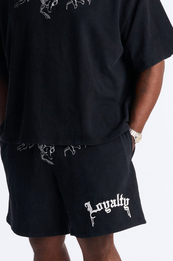 Anti Social Cherub Embroidered Relaxed Sweatshort - Black Wash