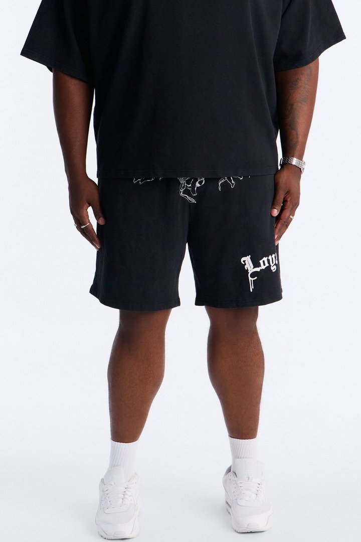 Anti Social Cherub Embroidered Relaxed Sweatshort - Black Wash