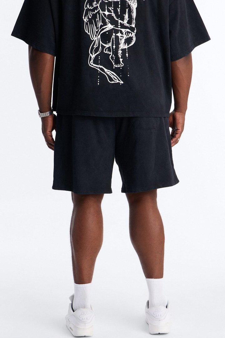 Anti Social Cherub Embroidered Relaxed Sweatshort - Black Wash