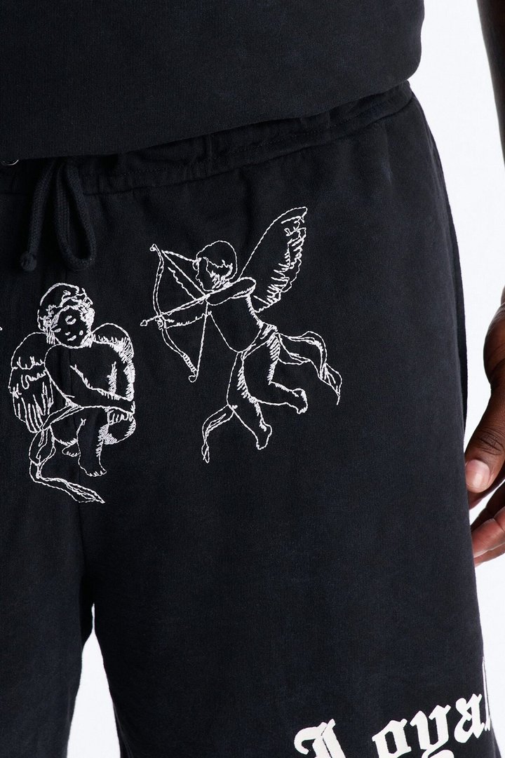 Anti Social Cherub Embroidered Relaxed Sweatshort - Black Wash