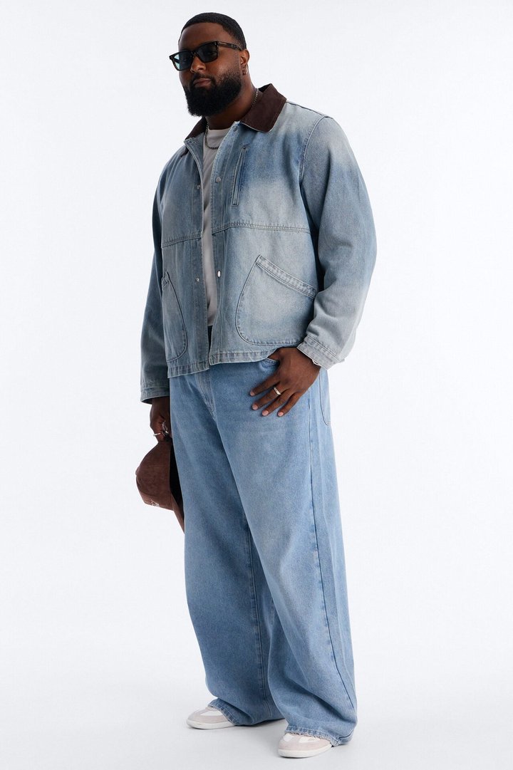Contrast Collar Denim Work Jacket - Vintage Blue Wash