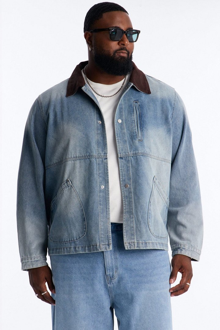 Contrast Collar Denim Work Jacket - Vintage Blue Wash