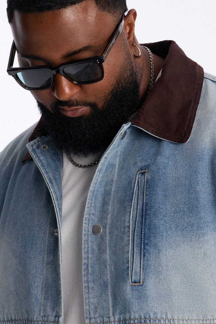Contrast Collar Denim Work Jacket - Vintage Blue Wash