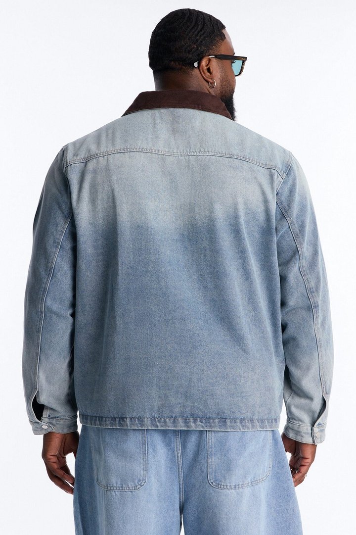 Contrast Collar Denim Work Jacket - Vintage Blue Wash