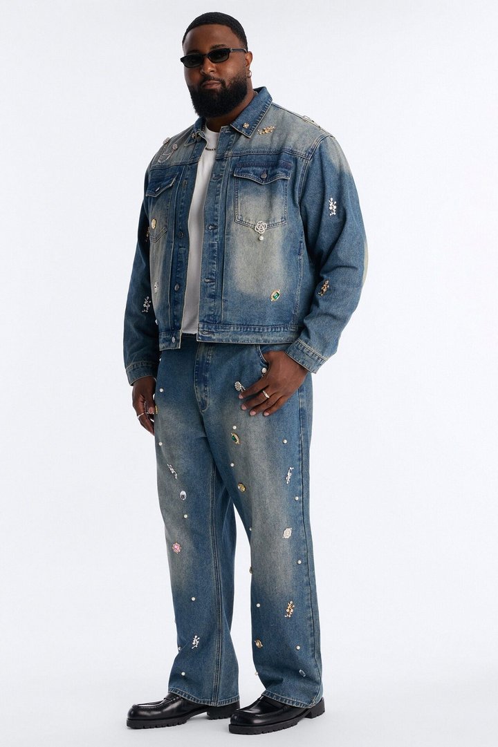 Atelier Brooch Pin Denim Trucker Jacket - Vintage Blue Wash