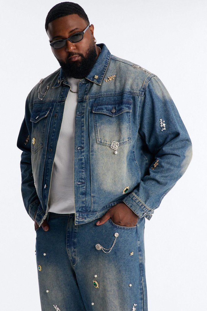 Atelier Brooch Pin Denim Trucker Jacket - Vintage Blue Wash