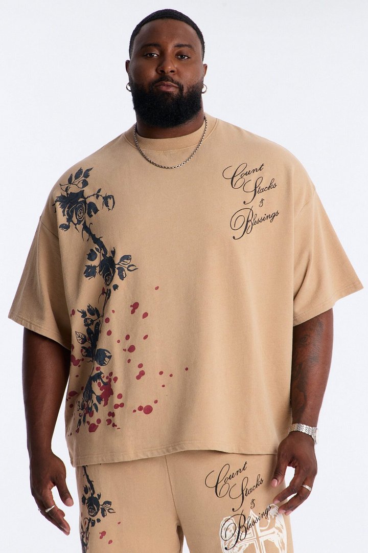 Count Your Blessings Embroidered Oversized French Terry Tee - Tan