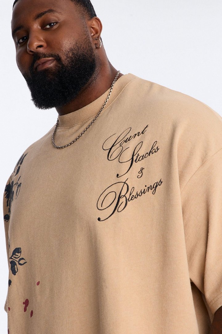 Count Your Blessings Embroidered Oversized French Terry Tee - Tan
