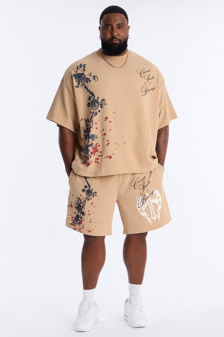 Count Your Blessings Embroidered Relaxed Sweatshort - Tan