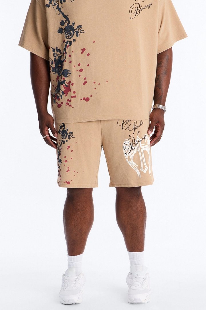 Count Your Blessings Embroidered Relaxed Sweatshort - Tan