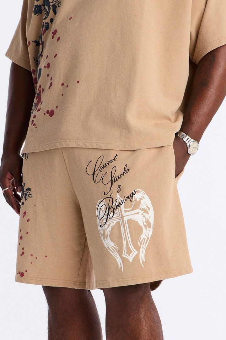 Count Your Blessings Embroidered Relaxed Sweatshort - Tan