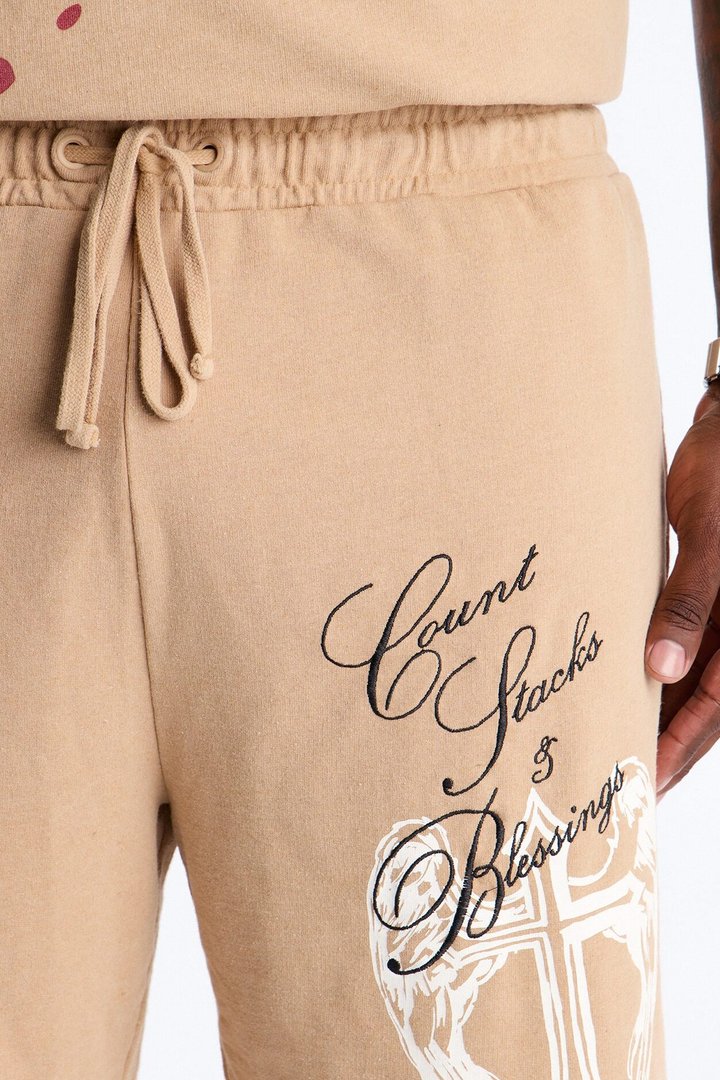 Count Your Blessings Embroidered Relaxed Sweatshort - Tan