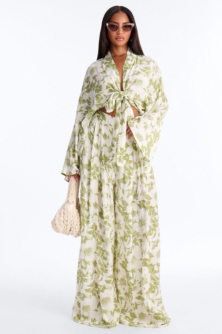 Summer Time Florals Tie Front Blouse - Green/combo