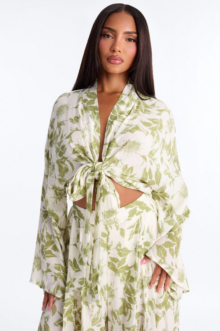 Summer Time Florals Tie Front Blouse - Green/combo