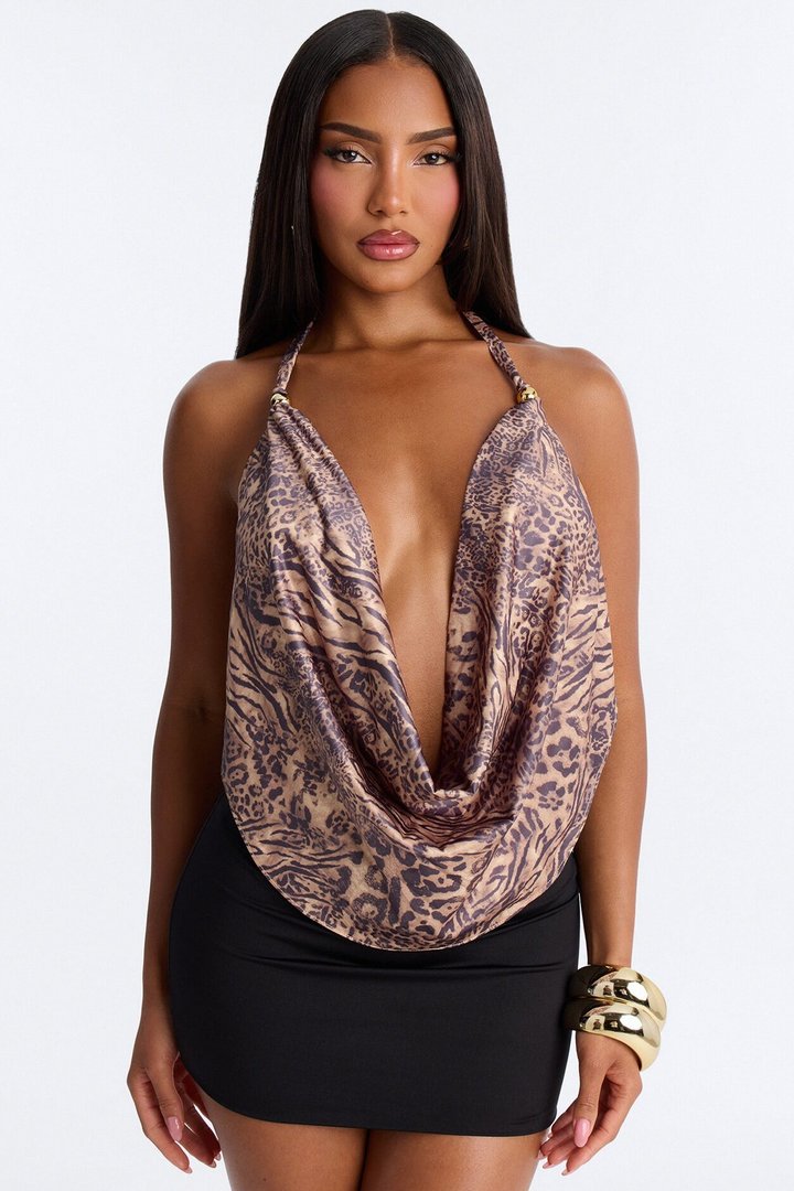 Feral Instinct Deep Cowl Neck Halter Top - Brown/combo