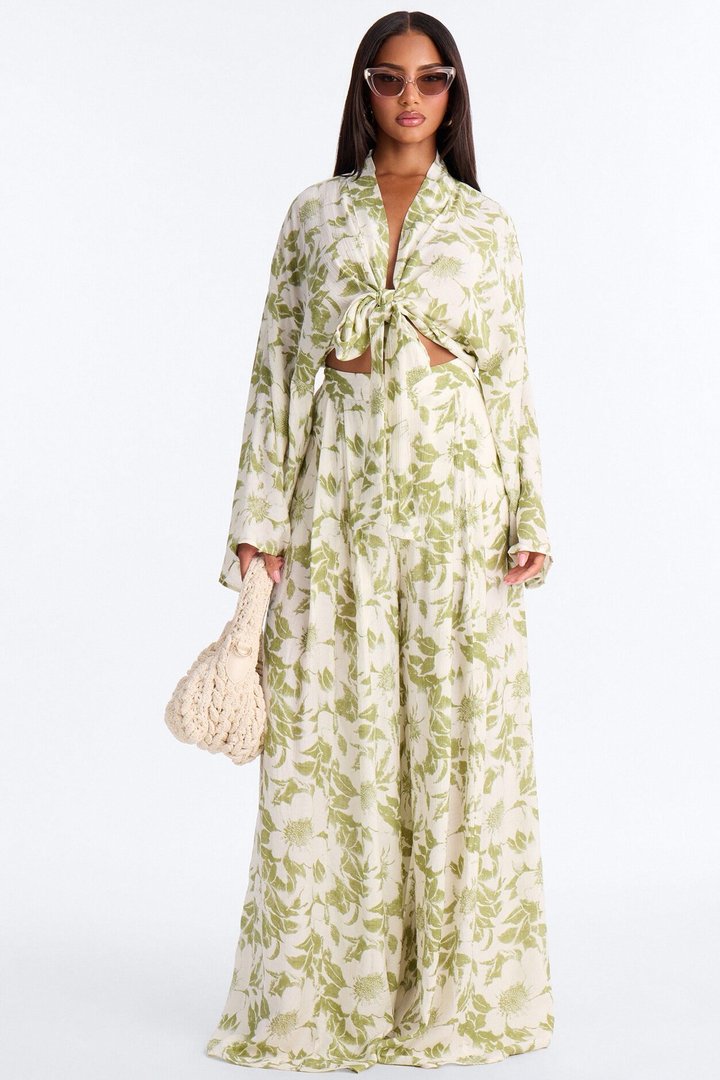 Samantha Breezy Wide Leg Textured Pant - Green
