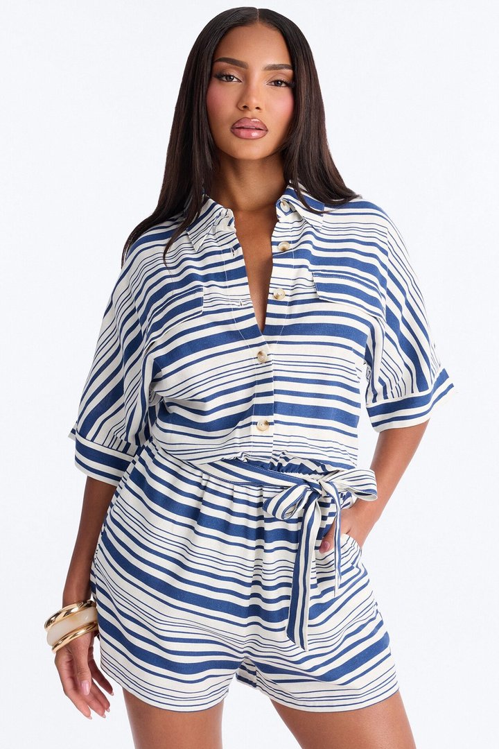 Stilia Striped Collar Linen Romper - Navy
