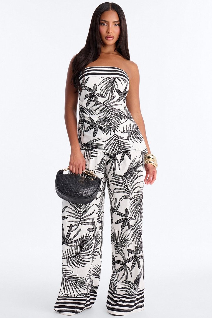 Irene Strapless Linen Pant Set - Black/combo