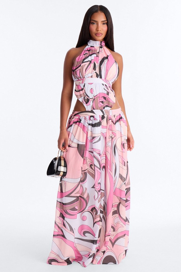 Kayla Backless Chiffon Maxi Dress - Pink/combo