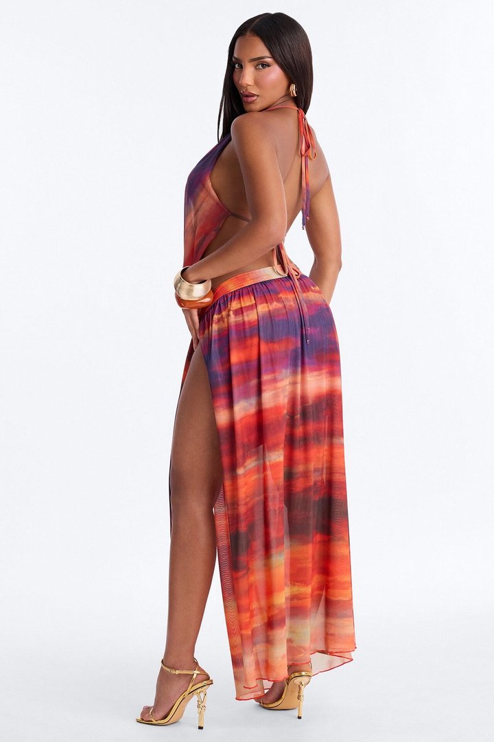 Tropical Heatwave Halter Mesh Skirt Set - Red/combo