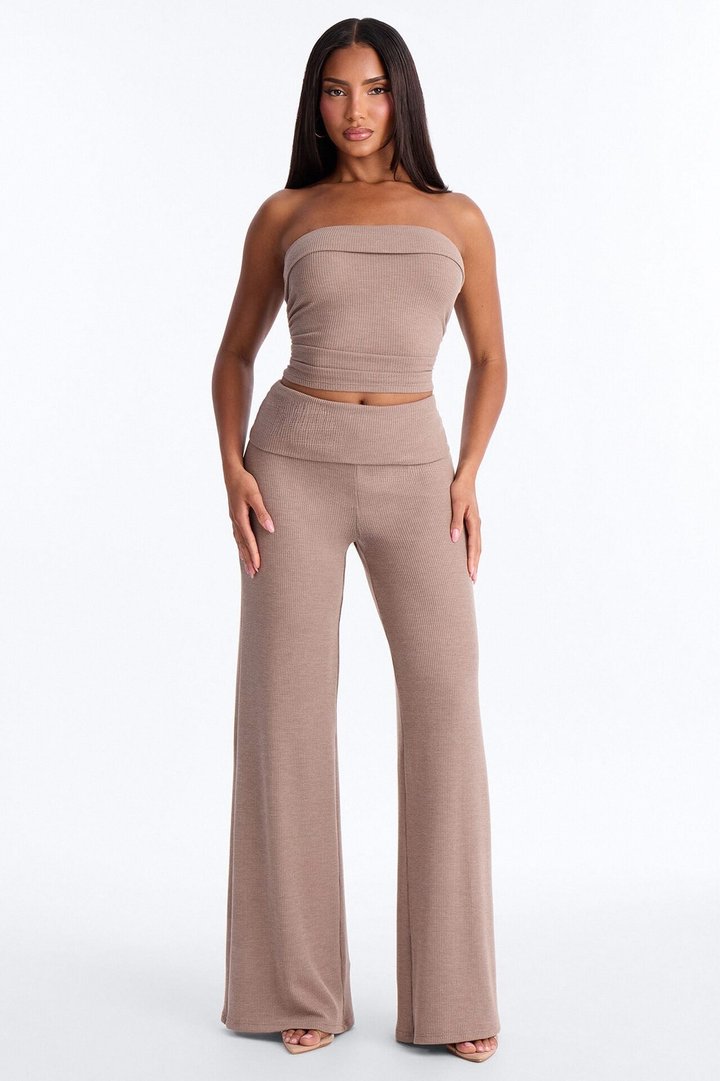 Megan Waffle Knit Foldover Waist Pant Set - Mocha