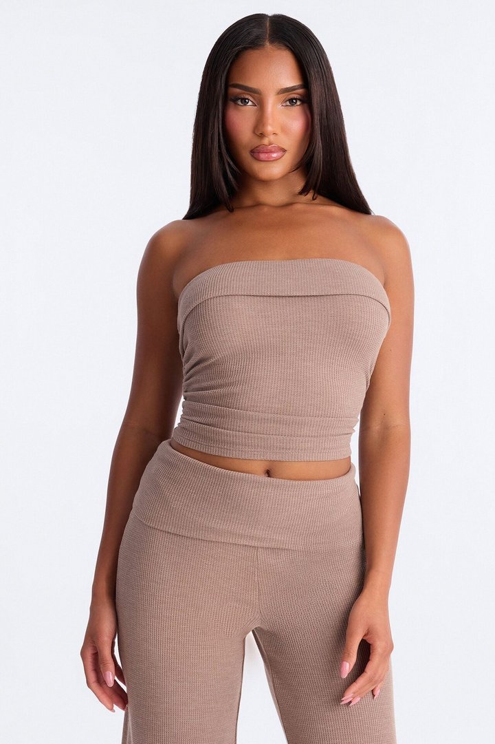 Megan Waffle Knit Foldover Waist Pant Set - Mocha