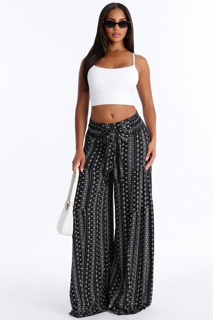 Adina Tie Waist High Rise Wide Leg Pant - Black/combo