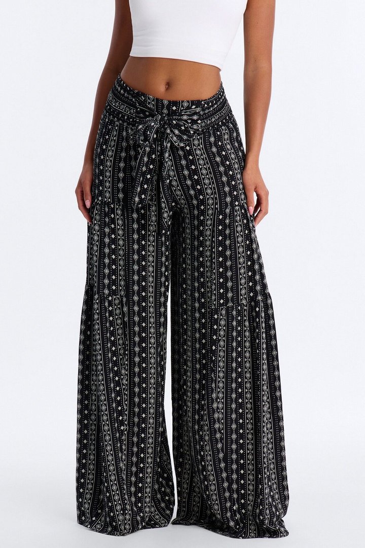 Adina Tie Waist High Rise Wide Leg Pant - Black/combo