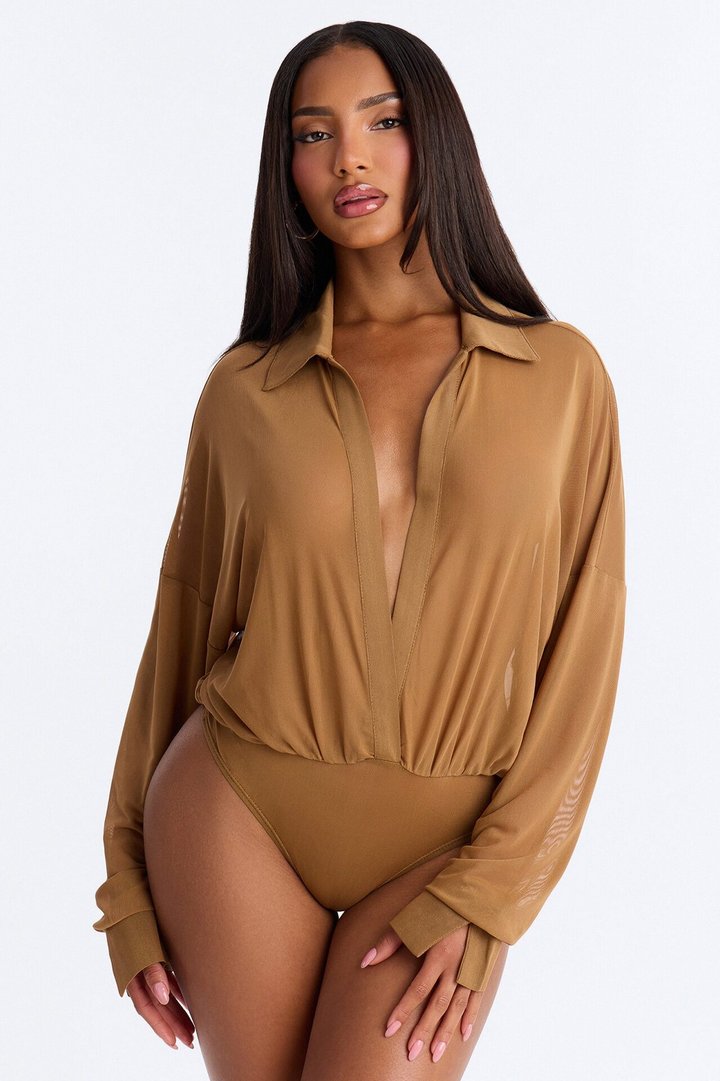 Taryn Sheer Mesh Long Sleeve Bodysuit - Mocha