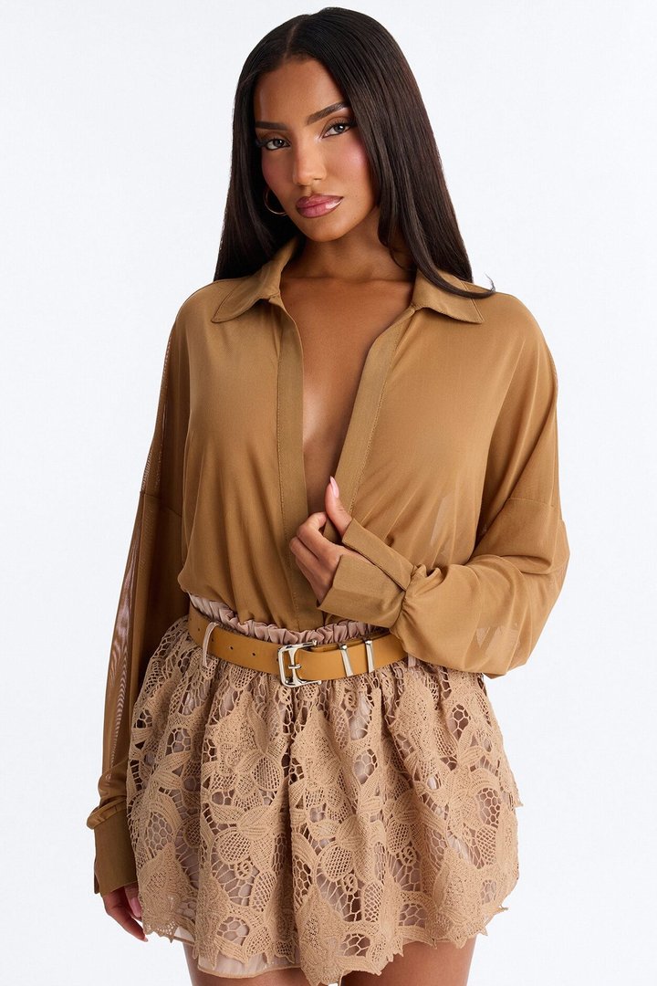 Taryn Sheer Mesh Long Sleeve Bodysuit - Mocha