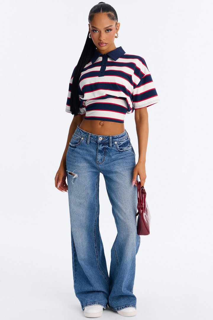 Caroline Striped Sinched Waist Short Sleeve Polo - Navy/combo